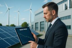 Mann schaut auf Tablett mit Strompreis-Diagramm. Im Hintergrund Windräder.